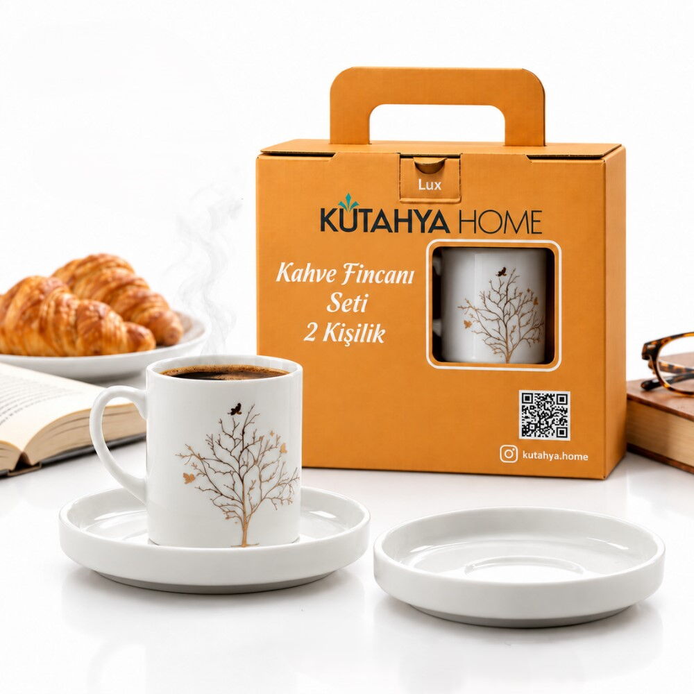 KÜTAHYA HOME SERAMİK ALTIN AĞAÇ KAHVE TAKIMI 2 KİŞİLİK ( ÇANTA KUTU )