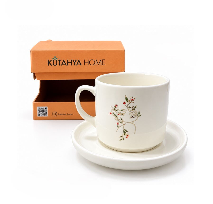 KÜTAHYA HOME SERAMİK FLORA DESENLİ TABAKLI KUPA
